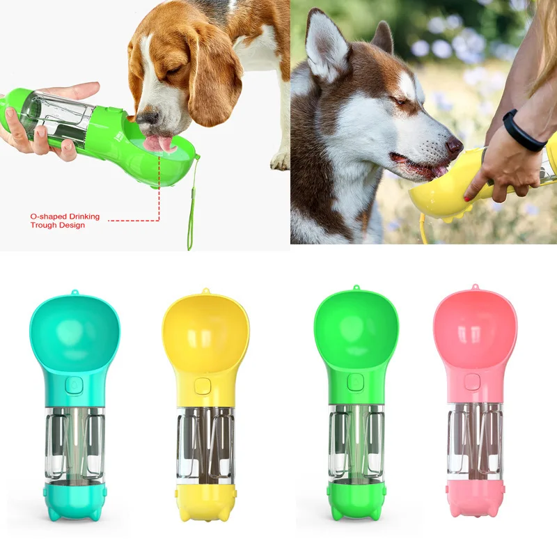 300ml Portable Multifunction Dog Water Bottle Food Feeder for Big Dogs 3 In 1 Poop Dispenser Puppy Pet Travel Drinking Bowls