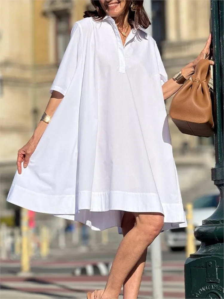 

Women's Casual Elegant Cotton Linen Dress New Spring Summer Fashion Elegant Short Sleeve White Loose Beach Party Dresses Robe