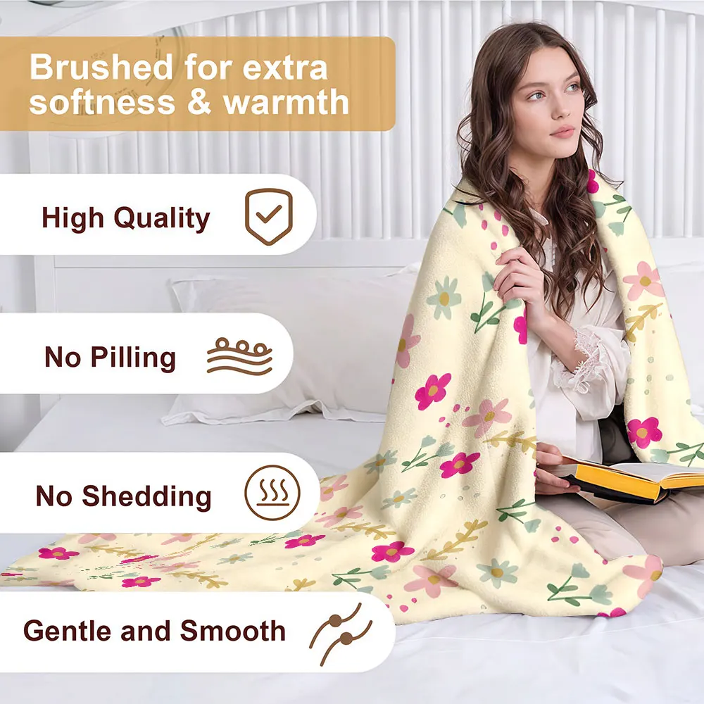 Cream Tiny Floral Soft Warm Flannel Blanket Lightweight Cozy Christmas Halloween Home Decor Room