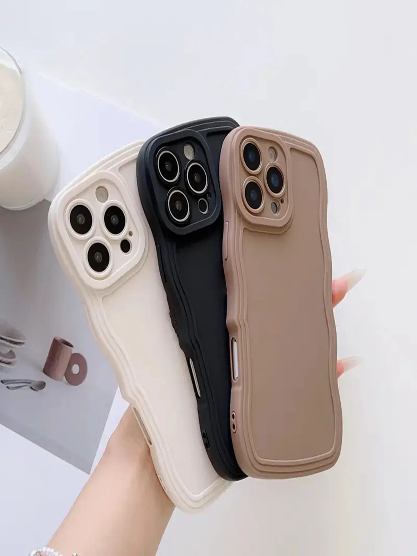 3-pack zwart, wit en bruin precisiegat grote golf mobiele telefoonhoesjes met mat gevoel, eenvoudig ontwerp, geschikt voor iPhon - afbeelding 2