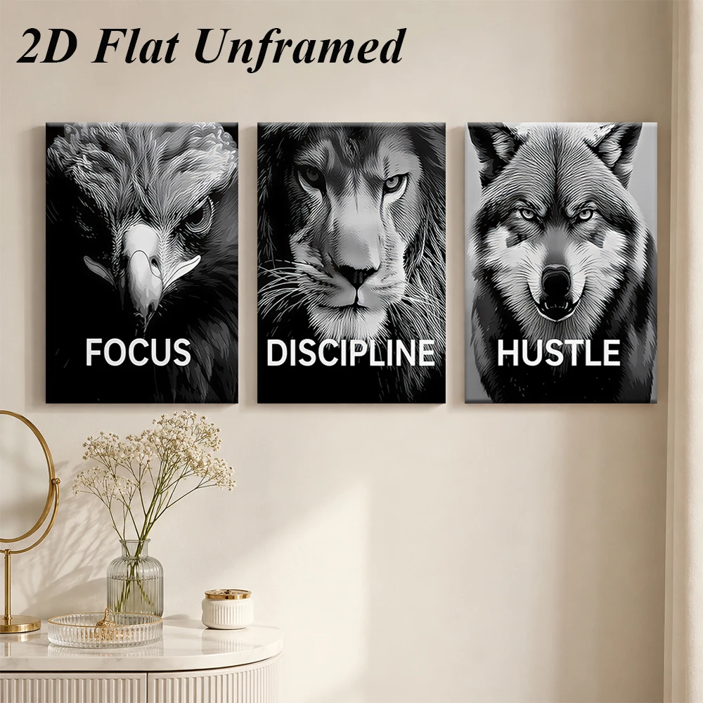 1 set of modern minimalist black and white animal triptych frameless decorative painting eagle lion wolf 2D flat