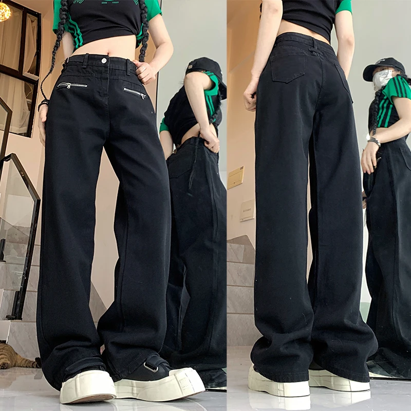 

Woman High Waist Designer Loose Wide Leg Jeans Female High Street Gothic Loose Pants Girls Korean Oversized Black Denim Trousers