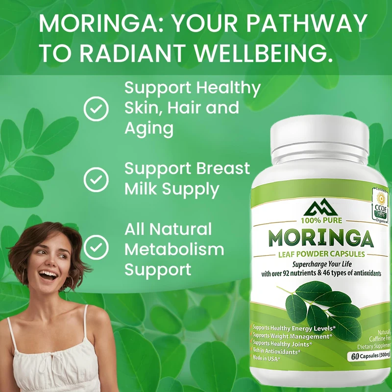 Moringa vegetarian capsules 500mg contain organic natural Moringa leaf powder for metabolism and immune support -60 capsules