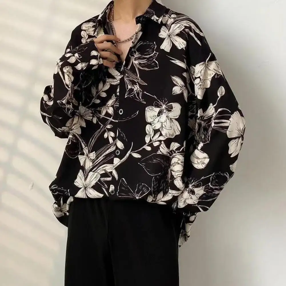 Men Casual Shirt Vintage Floral Print Men's Cardigan Retro Style Long Sleeve Shirt Mid Length Loose Fit Top for Spring Fall