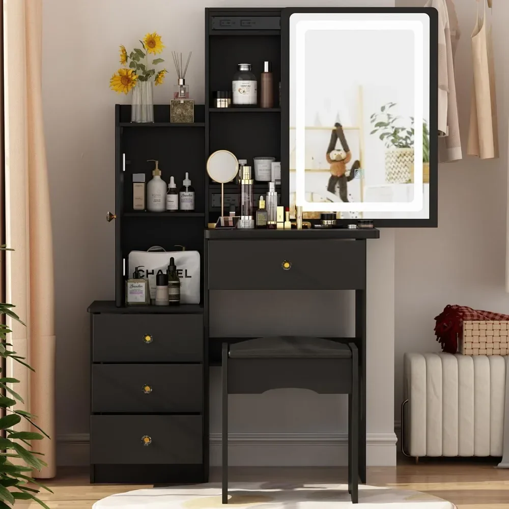 Dressing Table with Mirror,  Drawers & Shelves, Dressing Desk and Cushioned Stool Set