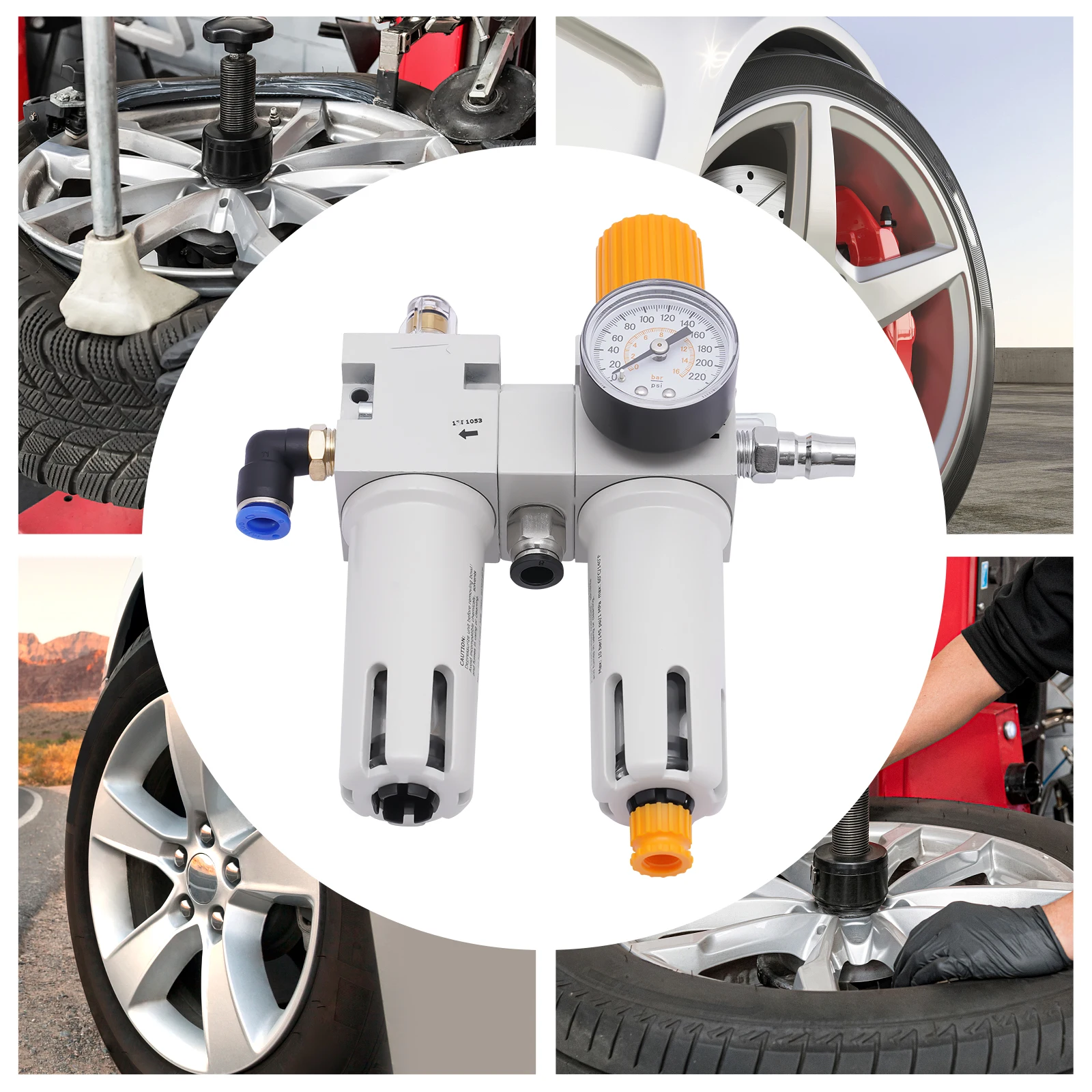 

Tire Changer Air Pressor Oil Water Regulator Separator 10Bar/145Psi/1Mpa Plastic Housing Rust-proof with Pressure Gauge