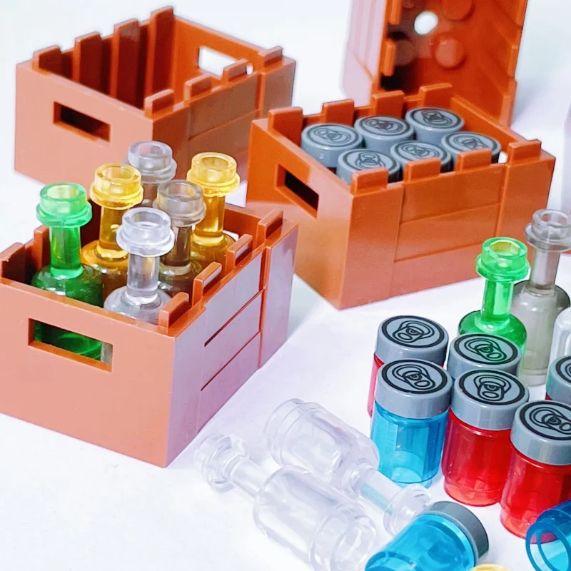 Weinflaschen, Tassen und Highball-Gläser mit Holzkisten, kleine Partikel, DIY-Bausteine-Set, Zubehör, zufälliger Artikel