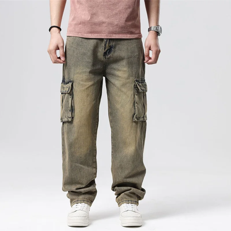 

Jeans Men Men's Straight Denim Cargo Pants Biker Jeans Men Baggy Loose Blue Jeans With Side Pocket Hip Hop Skate Pants