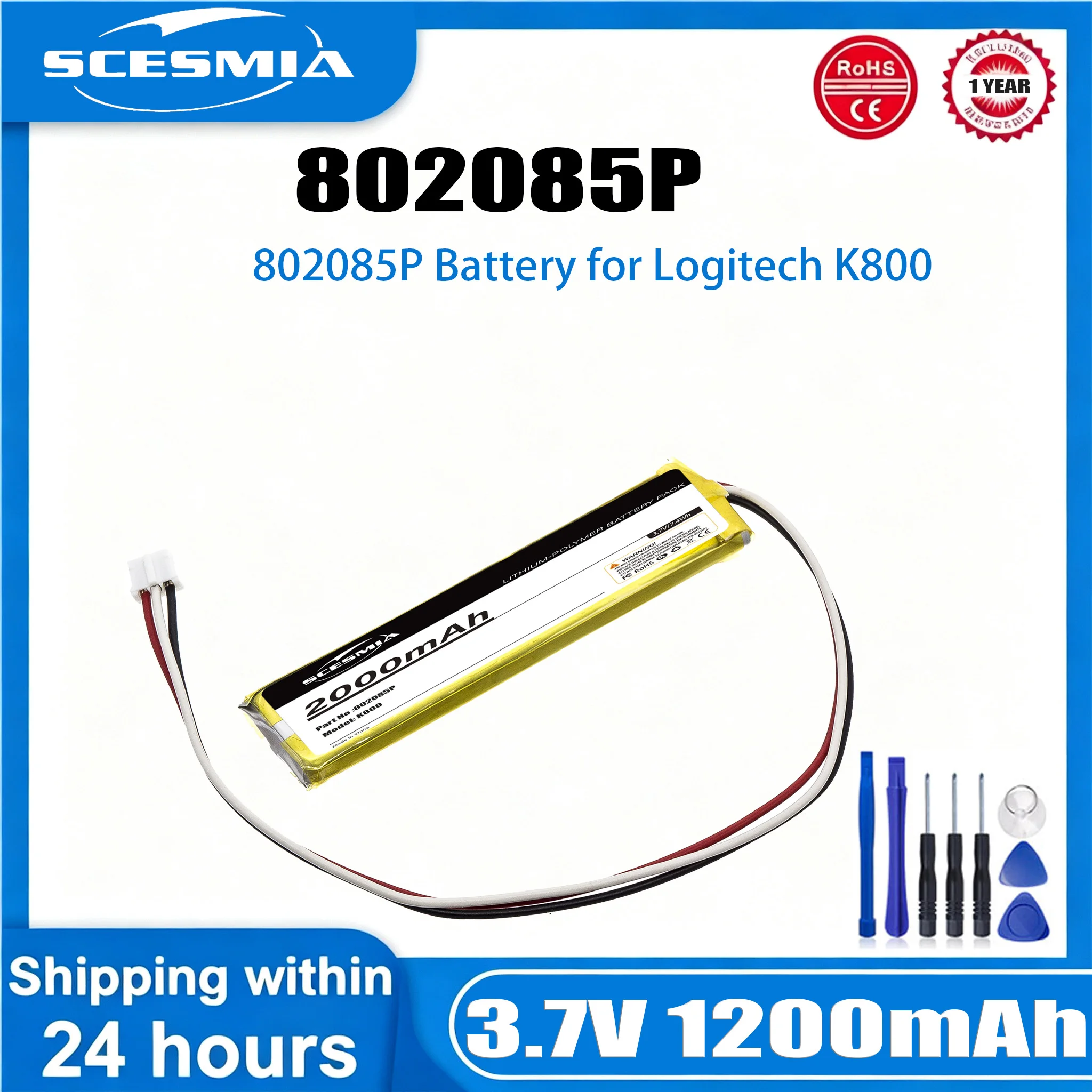 3.7V 2000mAh Replacement Keyboard Battery for Logitech K800 MX KEYS YR0073 Keyboard 533-000177 533-000221 802085P 533-000141
