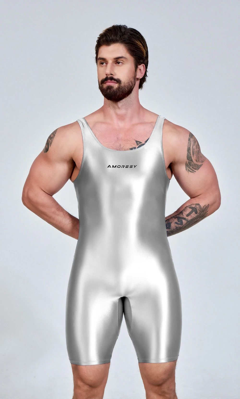 AMORESY Herren Sexy Glänzender, glatter Bodybuilder-Singlet, ärmellos, zum Laufen, Catsuits, Fitness, Yoga, Sport, Overall, Radfahren, einfarbig, eng anliegend – Detail 16