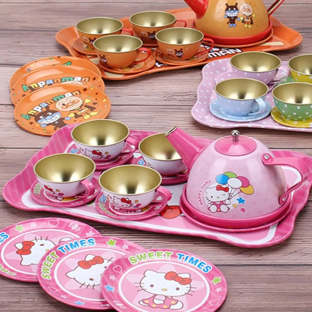 Sanrios Hello Kitty Kids Simulation Tea Set Dessert Pastry Tinplate Teapot Children's Play House Kitchen Cutlery Toy Gifts Girls