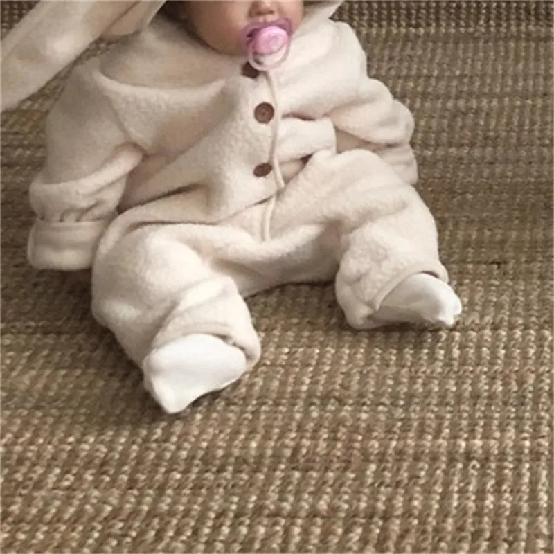 Autumn Winter Girl Baby Fleece Cute Rabbit Ears Cardigan Romper Boy Infant Solid Plus Velvet Warm One-piece Kid Casual Jumpsuit