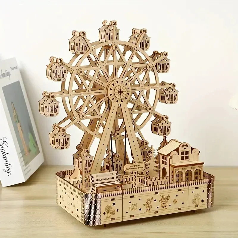 Ferris Wheel Music Box Model with LED Light 3D Wooden Puzzle DIY Assembly Building Kit Home Decoration Crafts Adults Kids Gift