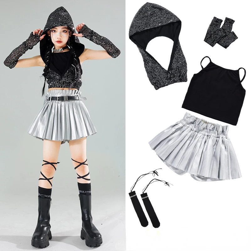 New Girls Sequin Crop Hoodies Street Dance Skirts Kids Hip Hop Jazz Silver Pants Clothes Sets Children Streetwear K-pop Costumes