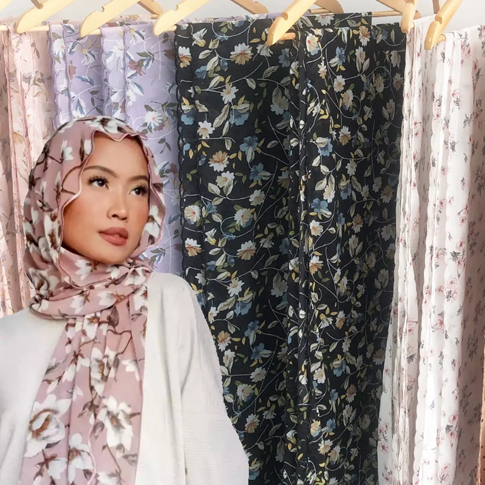 Hijab bordado em chiffon para mulheres, xale estampado, roupas islâmicas, lenço na cabeça, turbante muçulmano, foulard, headwear