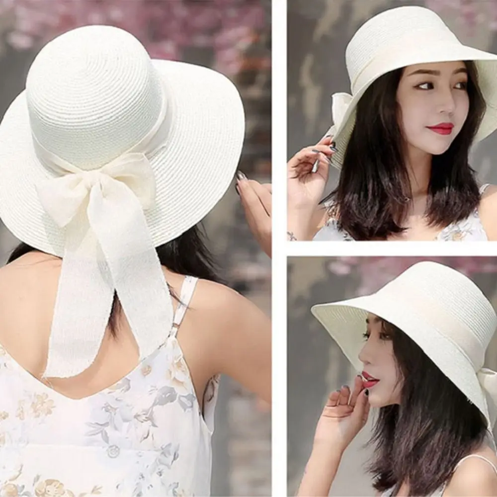 

Holiday Foldable Travel Beach Cap Bowknot Ribbon Handmade British Style Sun Visor Weave Sun Cap Sun Hat Top Hat Straw Hat