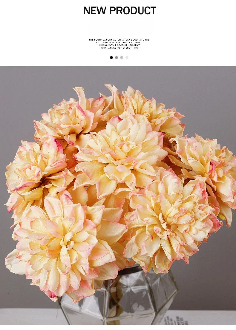 5 Stück Seiden-Champagner-Dahlien, künstliche Blumen, Gartendekoration, Simulations-Dahlienstrauß mit 7 Blütenköpfen und verbranntem Rand, Kunstblumen – Detail 2