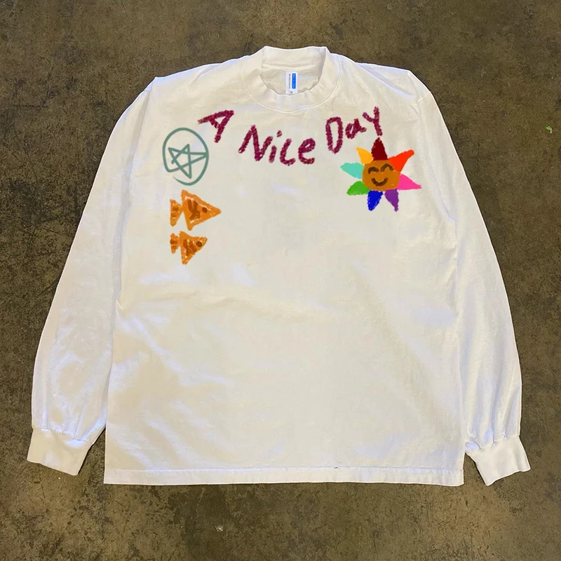 Pure Cotton 300g Oversize Long Sleeve T-Shirt American Retro Style Base Layer Shirt Story Multi by Little Chen