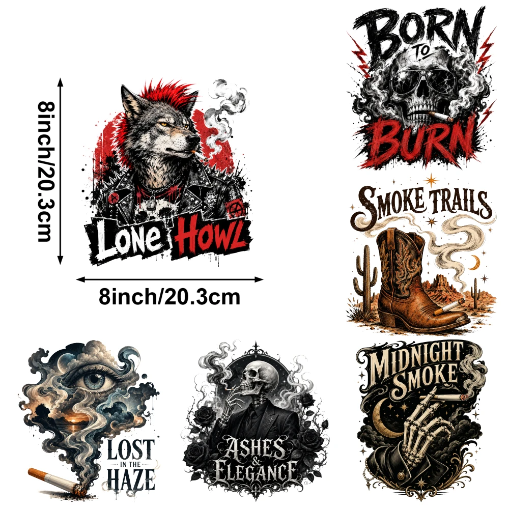 6 Pcs Smoke Trails Lone Howl Lost Haze Ashes Elegance Midnight Smoke Burn Skull Iron on Transfers for T-Shirts Jeans Clothing