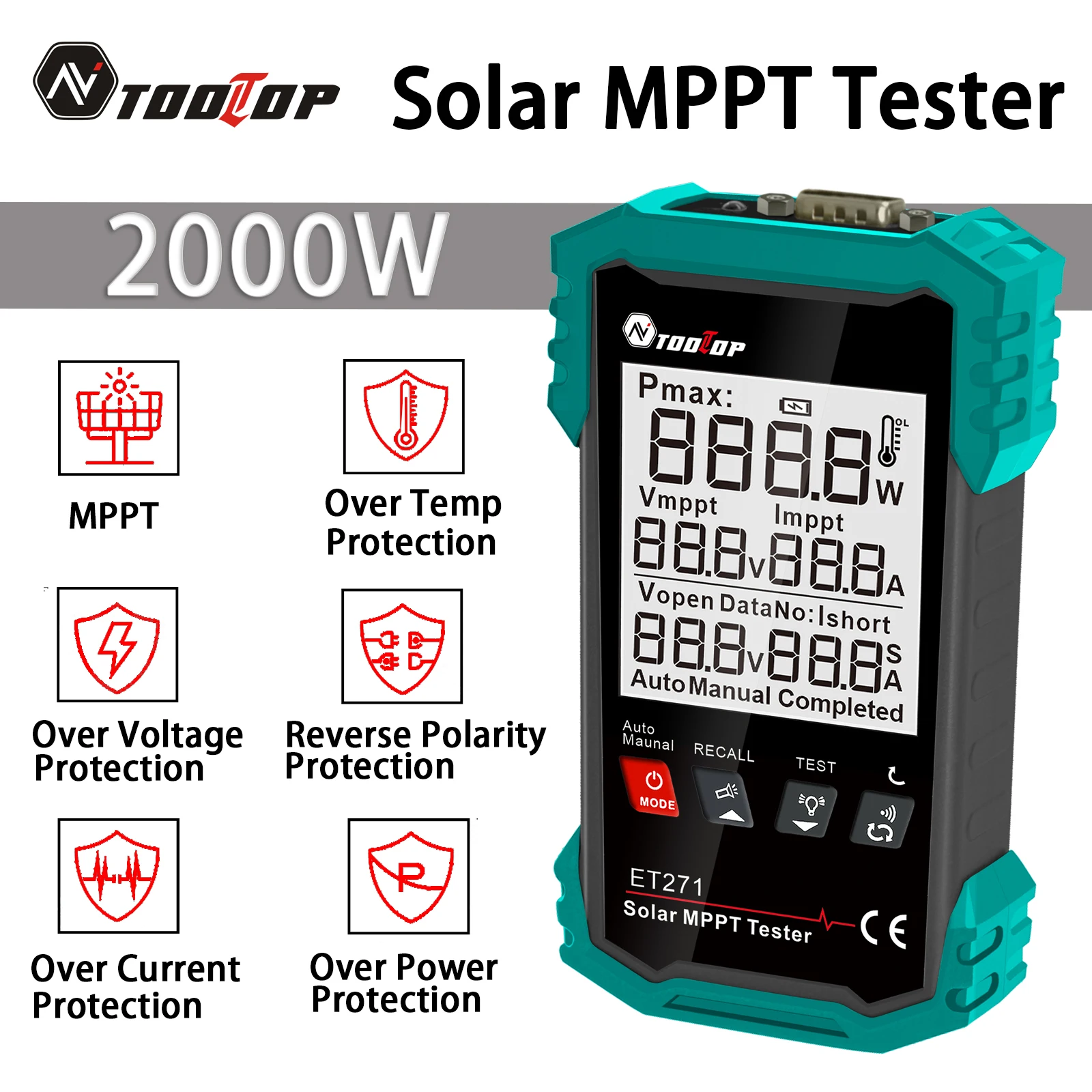 

TOOLTOP Rechargeable Solar Panel Power Tester MPPT Maximum Power 2000W Measures Voltage Current Test Solar Photovoltaic Meter