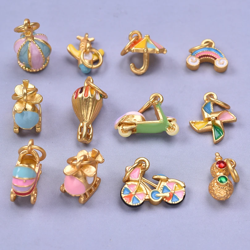 12pcs Mixed Chinese Gold Color Three-Dimensional Cute Enamel Charms For Jewelry Making Supplies Windmill Stroller Pendant Charm