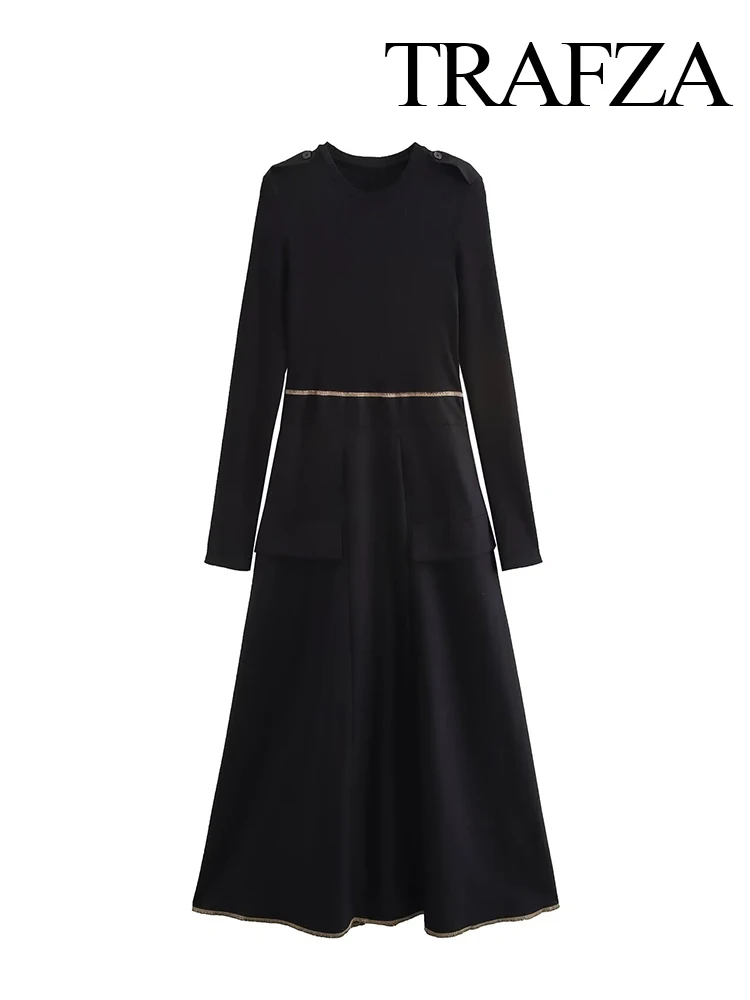 

TRAFZA Women Fashion Vintage Black Crew Neck Splicing Knitted Long-Sleeved Dress Female Elegant Zipper Slimming Mid-Calf Dress