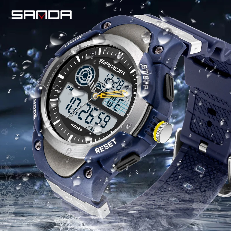 SANDA Mens Electronic Watch Mens Dual Display Clock Business Male Watches 50M Waterproof Men Wrist For G style Relogio Masculino