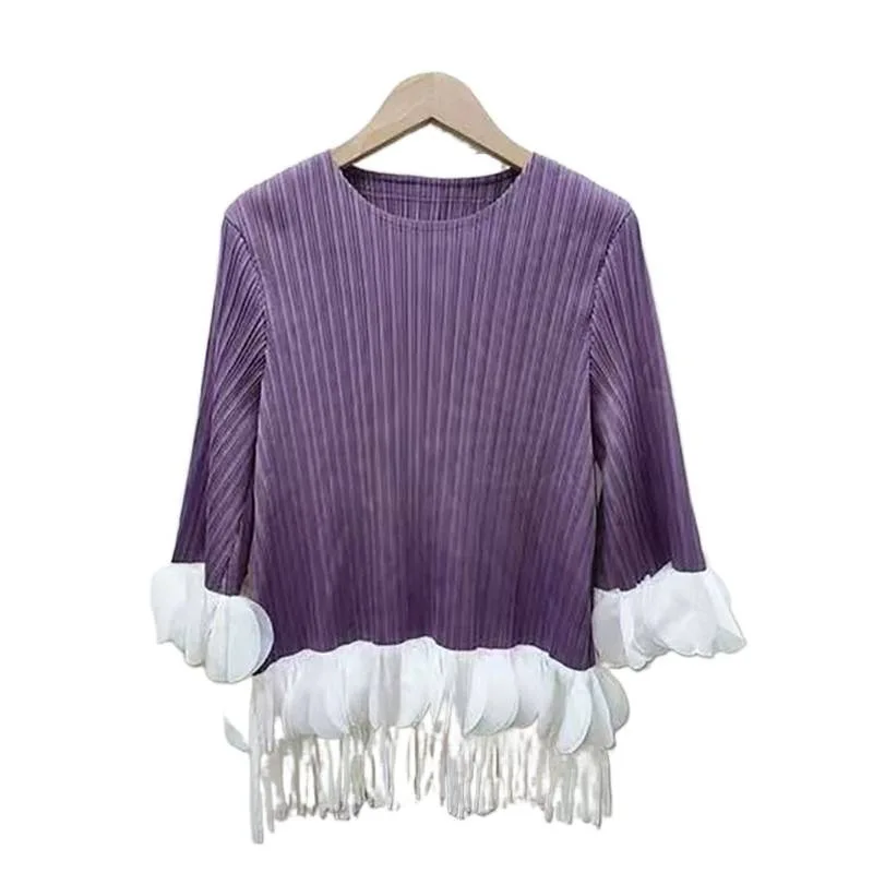 T-shirt coupe cintrée pour femme, avec motif de couleur plissée et bordure en dentelle, décoration 3D, haut à franges, Long, Sve Dr, automne