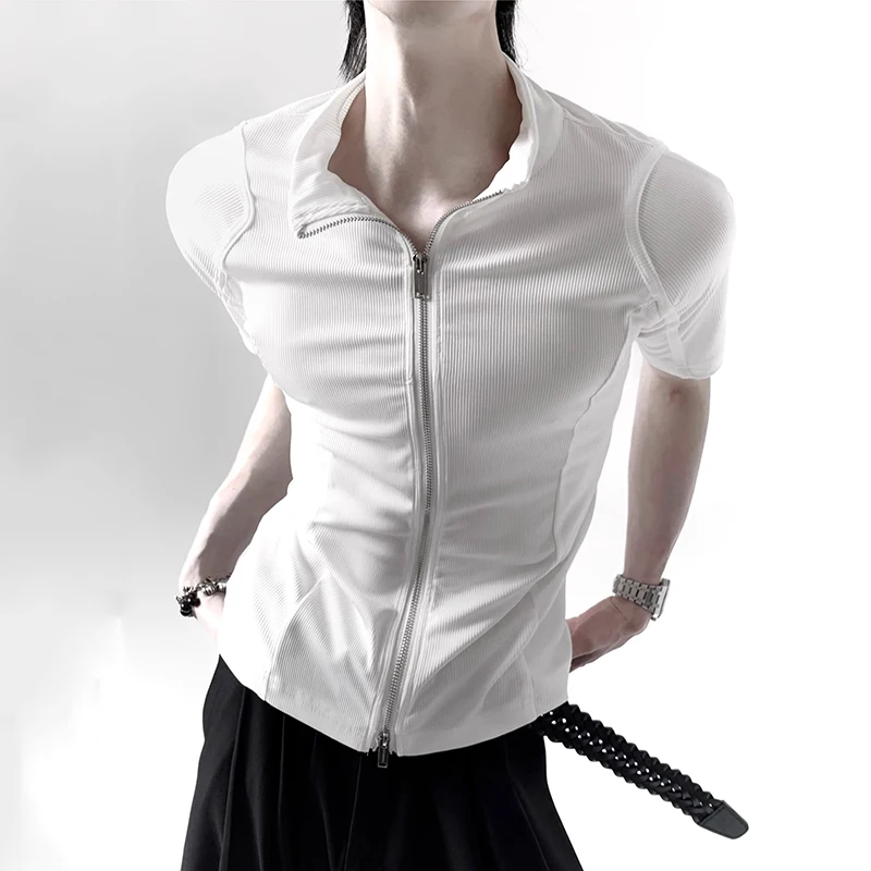 FEWQ قمصان رجالية على الطراز الكوري بياقة واقفة وسحاب تصميم بلون سادة من الحرير الجليدي وأكمام قصيرة سريعة الجفاف تي شيرت رجالي نحيف 24K4391 #5