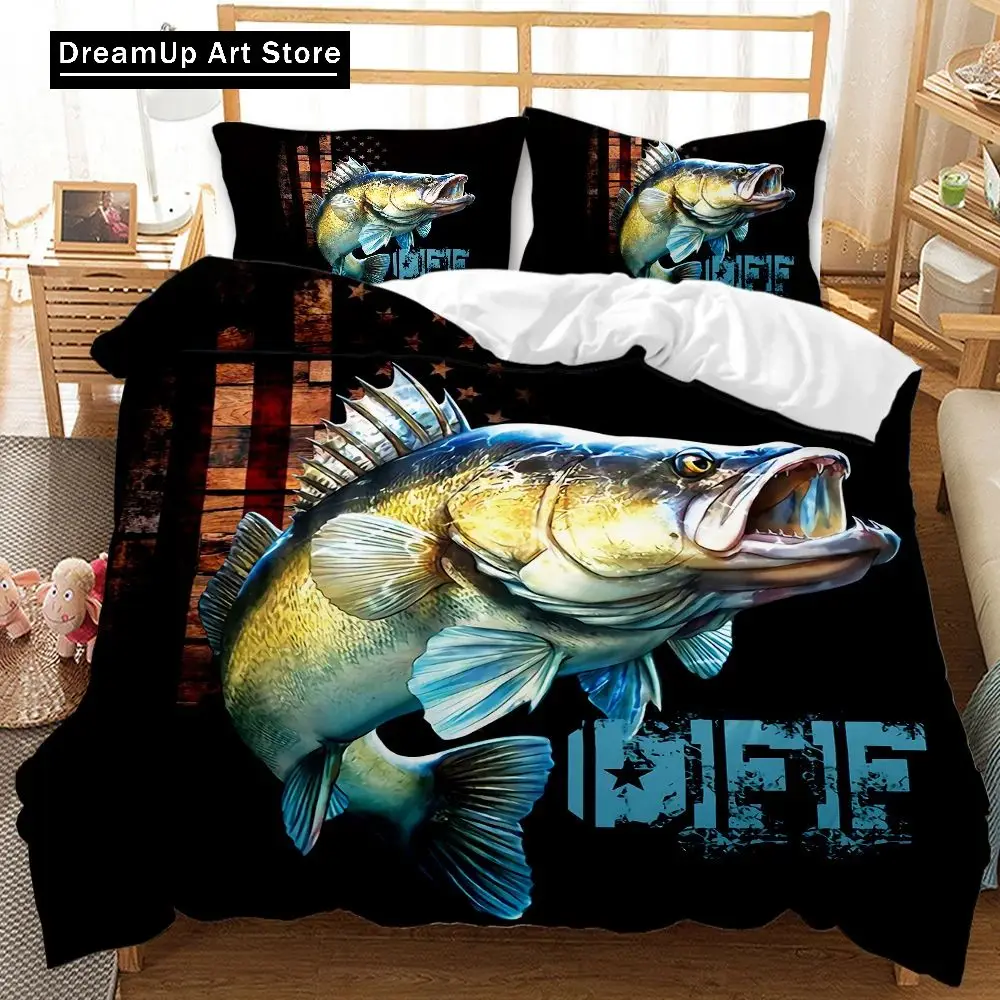 3D Print Fashion Big Pike Fishing Hunting Bedding Set Boys Girls Twin Queen Full Size Duvet Cover Pillowcase Bed Adult Bedroom