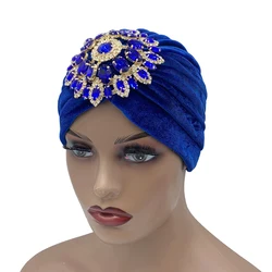 Luxury Rhinestone Velvet Turban Caps for Women Diamonds Headscarf Bonnet India Cap Muslim Headwear Hat Turbante Mujer