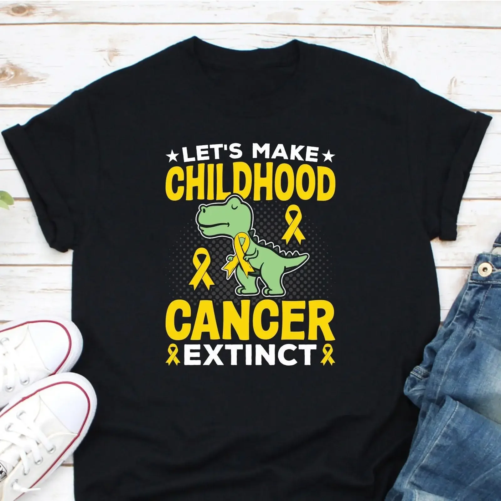 Let's Make Childhood Cancer Extinct Dinosaur T Shirt Awareness Gold Ribbon Cute Dino Kids GifT vintage Washed Breathable