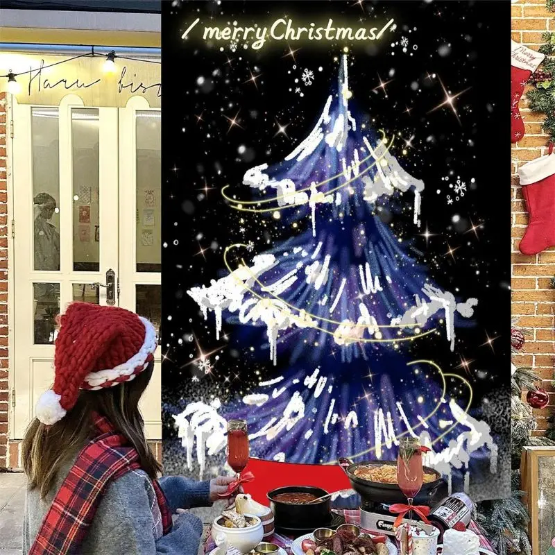 VIKAMA Black Purple Magic Christmas Tree Wall Tapestry Merry Text Golden Light Sparkle Star Dreamy Fantasy Holiday Home Decor
