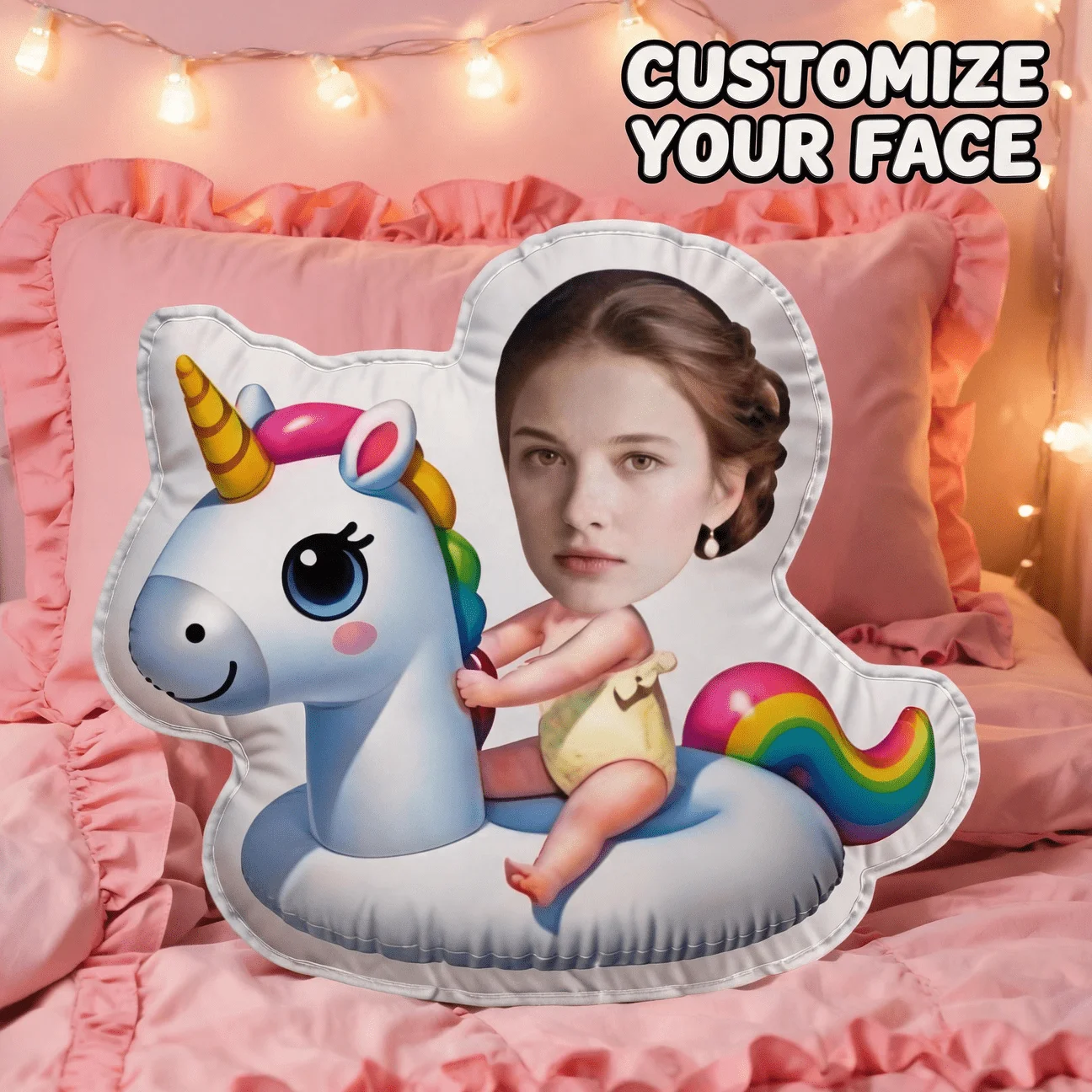Custom Photo Shaped Pillow, Personalized Face on Rainbow Unicorn Float Design Decorative Cushion, Unique Novelty Home Decor Acce