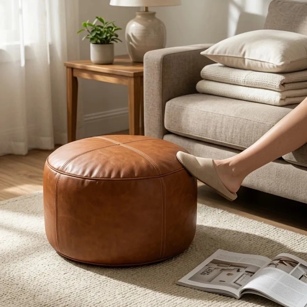 Non-Slip PU Leather Round Lazy Sofa Covers Large Capacity Unstuffed Bean Bag Cover Soft Removable Storage Bag Living Room
