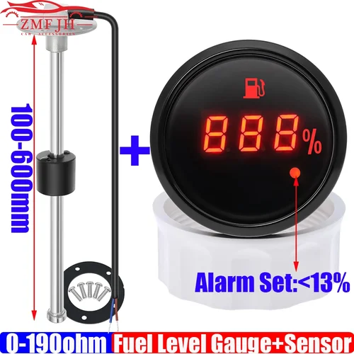 Medidor de nivel de combustible de 0-190 ohm, 2 "", 52MM, con alarma + Sensor de nivel de combustible de acero inoxidable, 100-600mm para gasolina, diésel, barco, coche, 12V24V