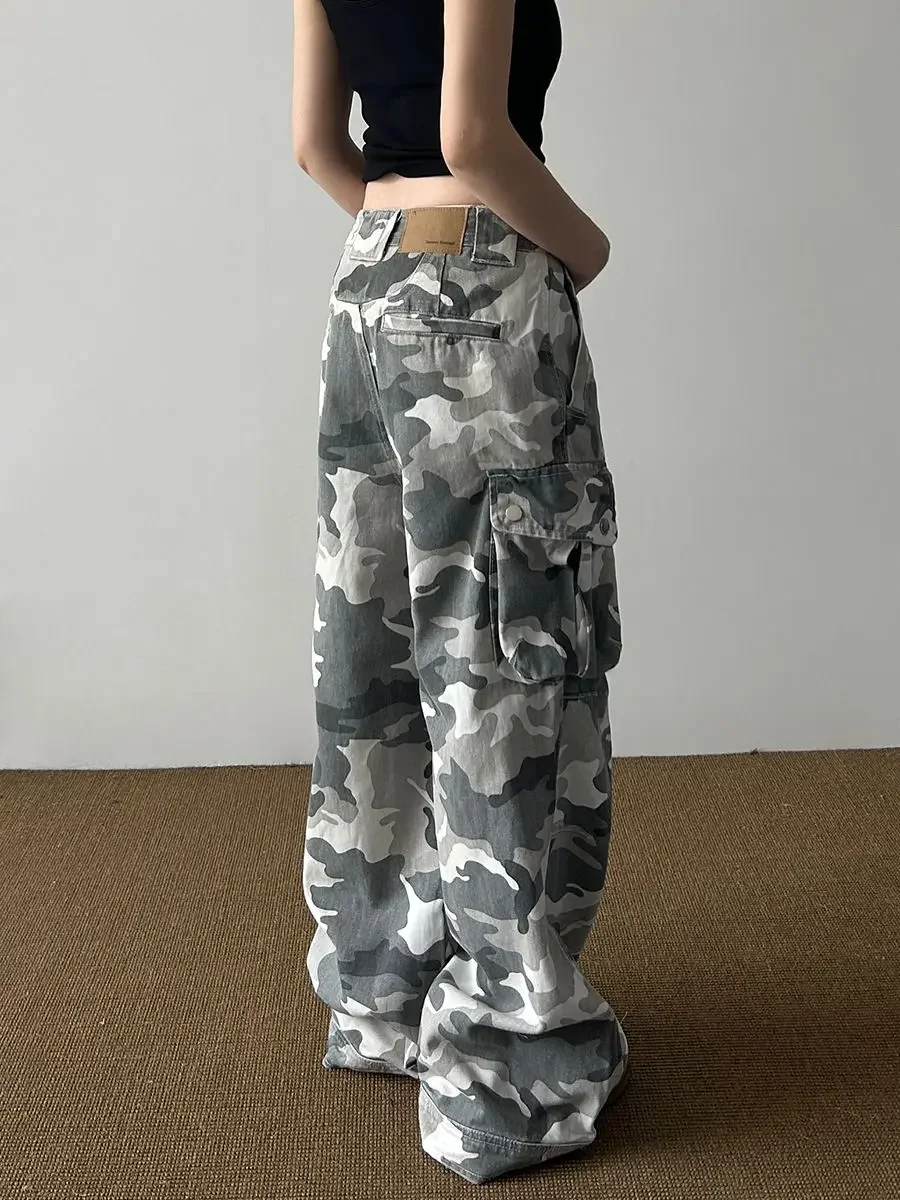 2025年秋 レディース アメリカンヴィンテージ 2000年代 ハイウエスト 迷彩柄ジーンズ バギー Y2K ワイドレッグデニムパンツ ストリートウェア 女性服