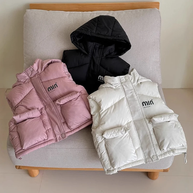 

2025 Autumn Winter New Girls Vest Solid Color Letter Print Thick Warm Hooded Waistcoat For 3-8 Years Boys Cotton Down Outerwear