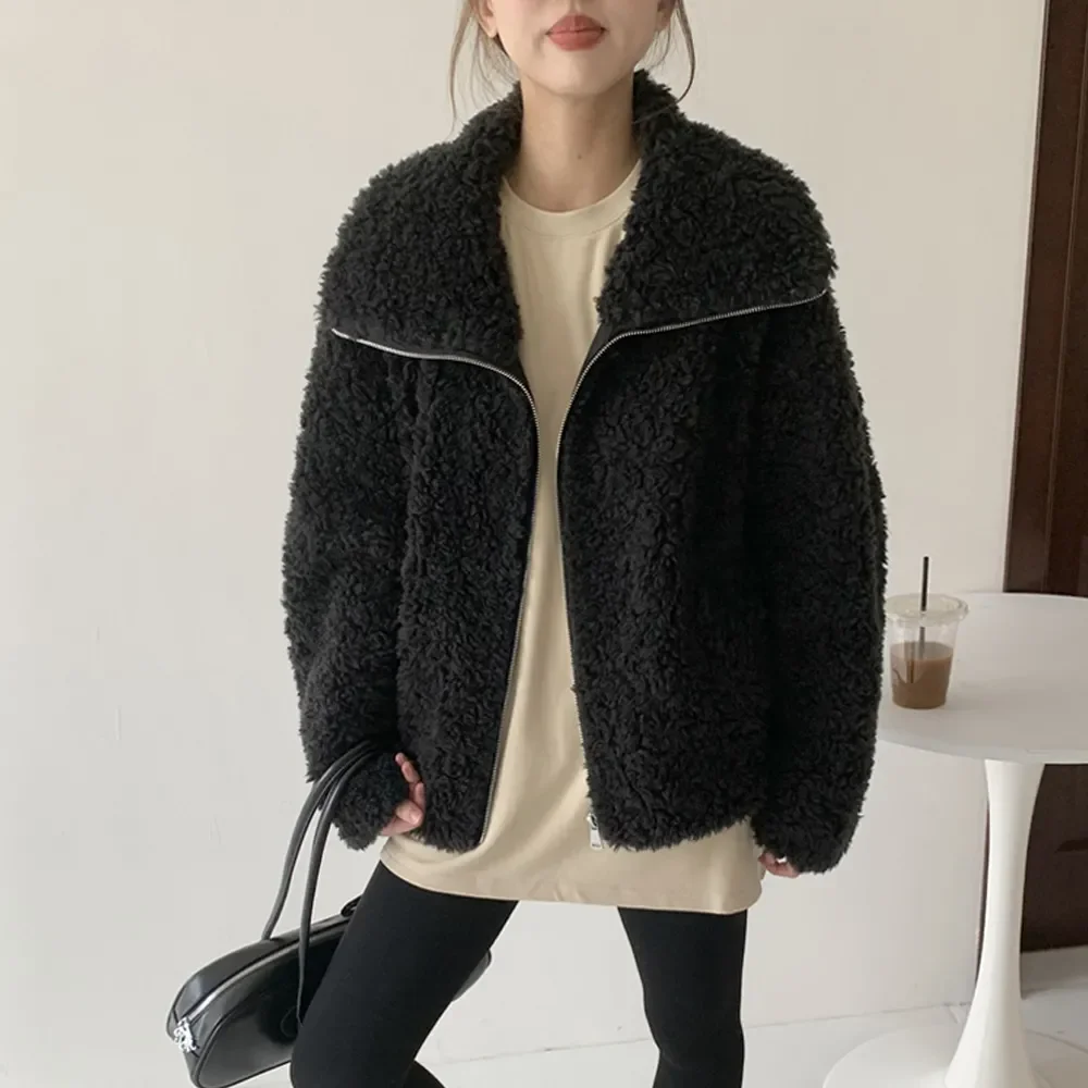 Autumn Winter 2025 New Loose Slimming Casual Plus velvet Thicken Warm Fur One-Piece Fur Tops Lambswool Jacket Outerwear Women's