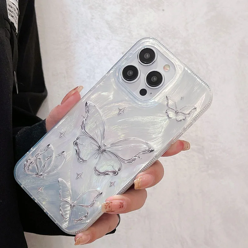 Silver Personality Gradient Feather Butterfly Phone Case For iPhone 11 12 13 14 15 Pro Max Plus Shockproof Soft IMD BacK Cover