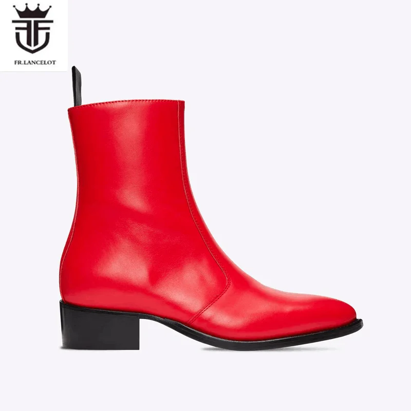 

FR.LANCELOT 2024 Red Real Leather Chelsea Boots British Style Men leather Boots Party men's booties Side Metal Zip knight shoes