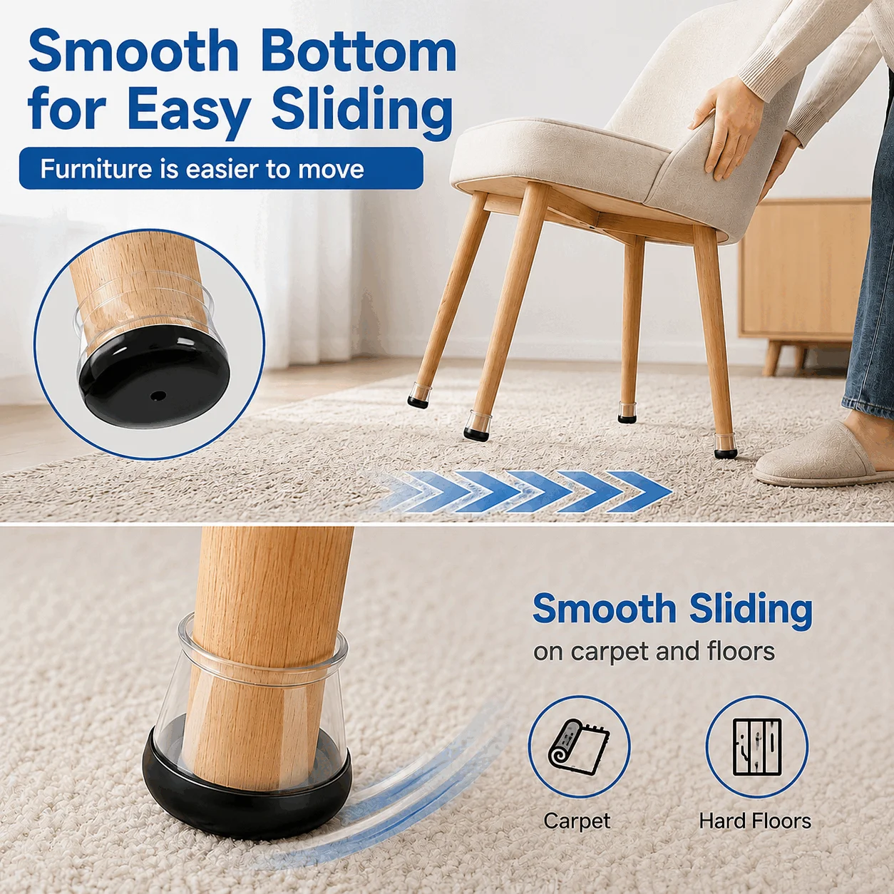 24 Pcs Transparent Chair Leg Floor Protectors, Furniture Feet Cups for Round Legs, Smooth Sliding Caps for Hard Floors & Carpets
