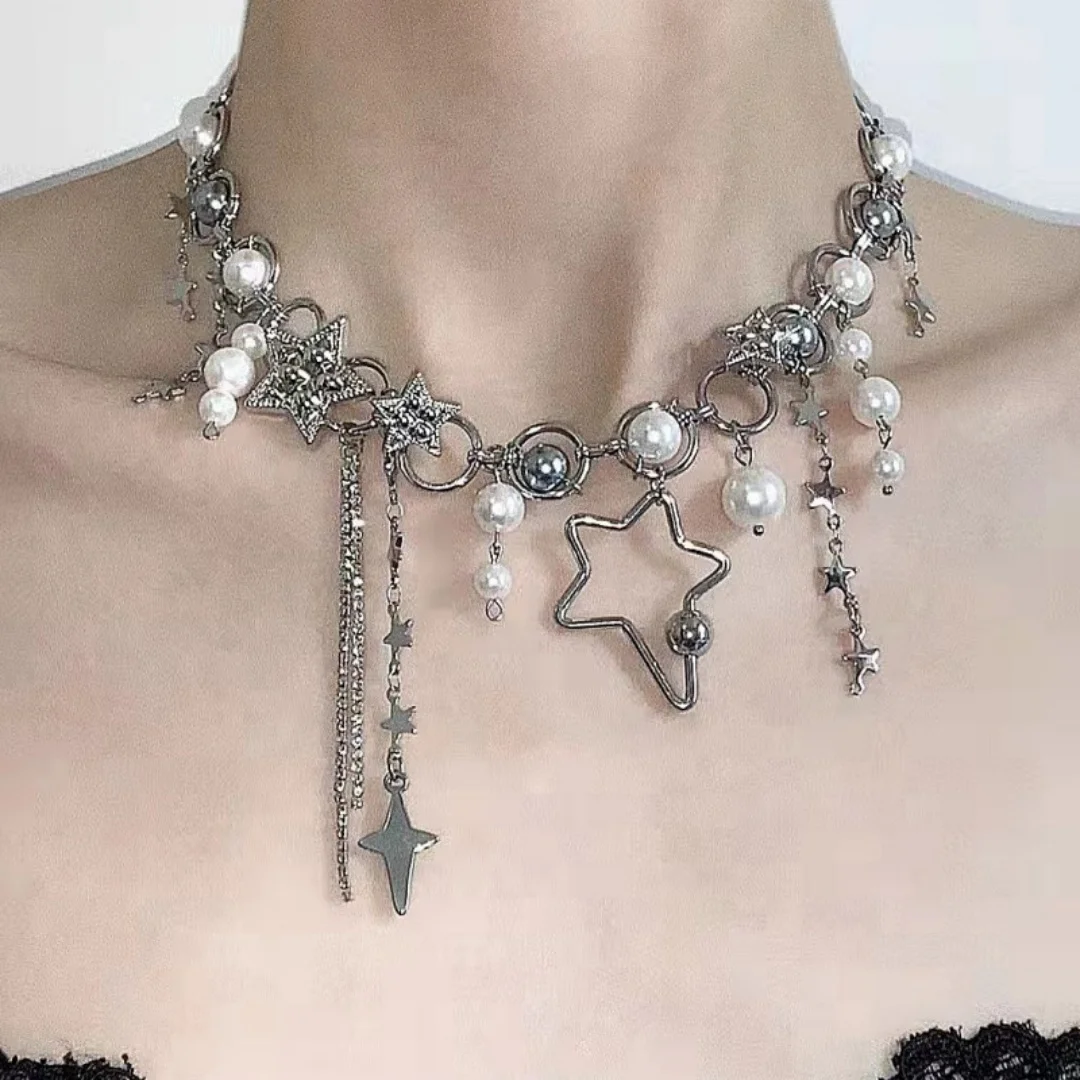 

DUTRIEUX Fashionable Luxurious Pearl Stars Tassel Necklace Waist Chain Sweet Cool Y2K Style Choker Unique Jewelry Accessory Gift