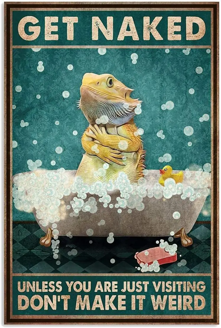 Bathtub Bearded Dragon Retro Metal Tin Sign, Bearded Dragon Nude Soap Bubble Bath Poster Aluminum Metal Home Cabin Club Shop Bar