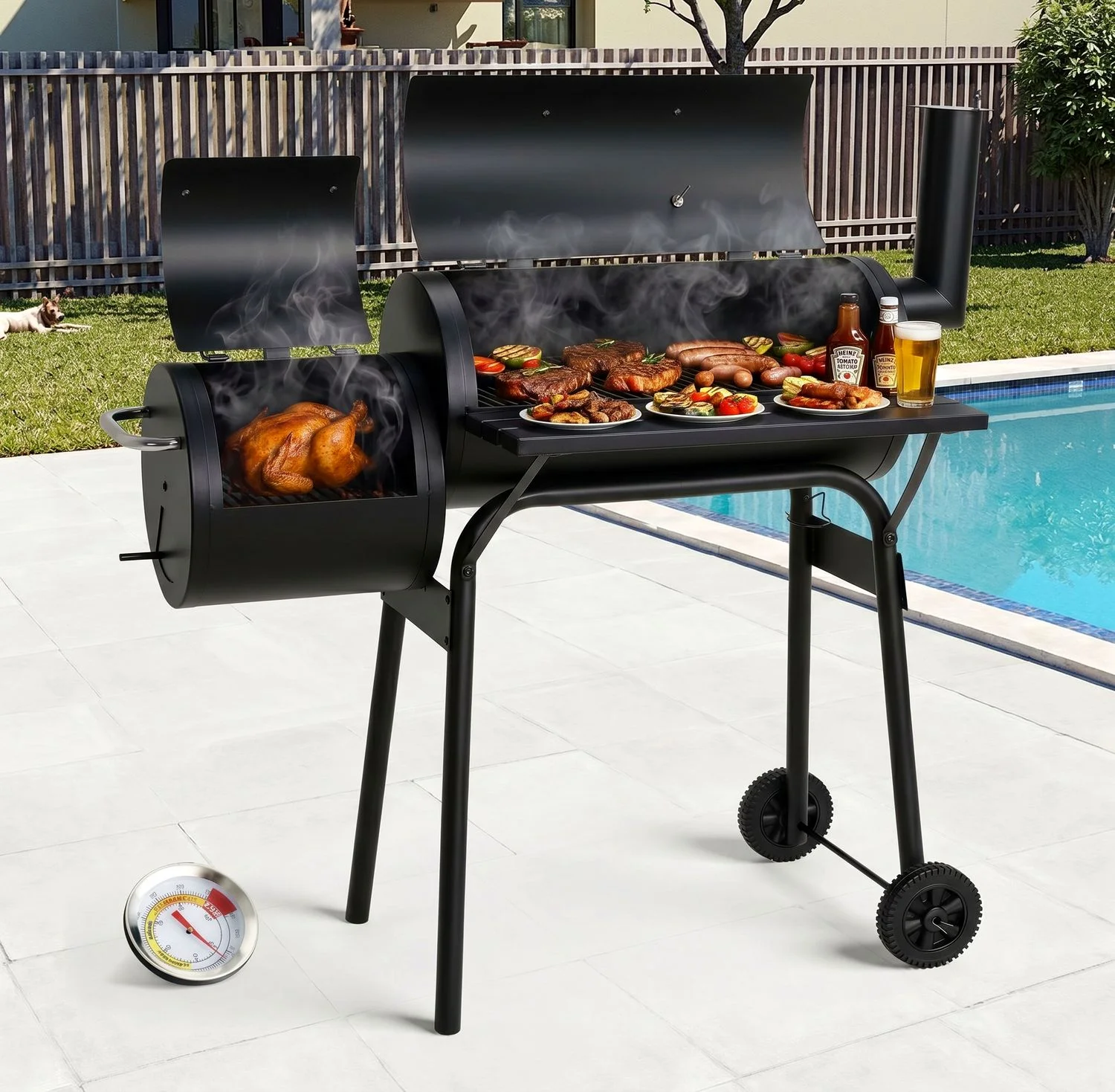 2‑in‑1 Holzkohlegrill Smoker,Holzkohlegrill Grillwagen mit Deckel,Schornstein,Thermometer,Regal,Verstellbare Lüftungsschlitze,2 Rädern,Rauchgrill für Garten,Terrasse,Camping,Grillparty