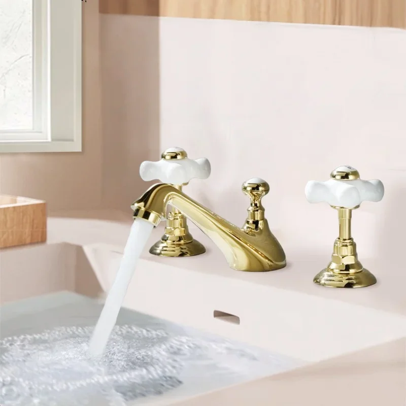Luxury Light Gold Bathroom Basin Faucet, Brass Bathroom Faucet, Cold and Hot Widespread Water Faucet Brass Sink Mixer,