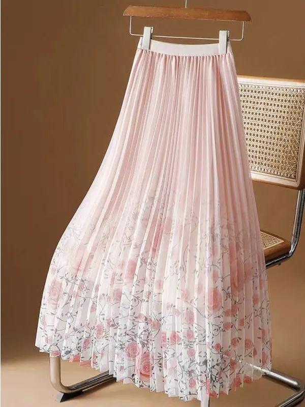 Floral Print Half Skirt Women's Spring Summer New Style Midi Length Gauze Skirt A-Line Long Skirt with Pleats High Waist Elas...