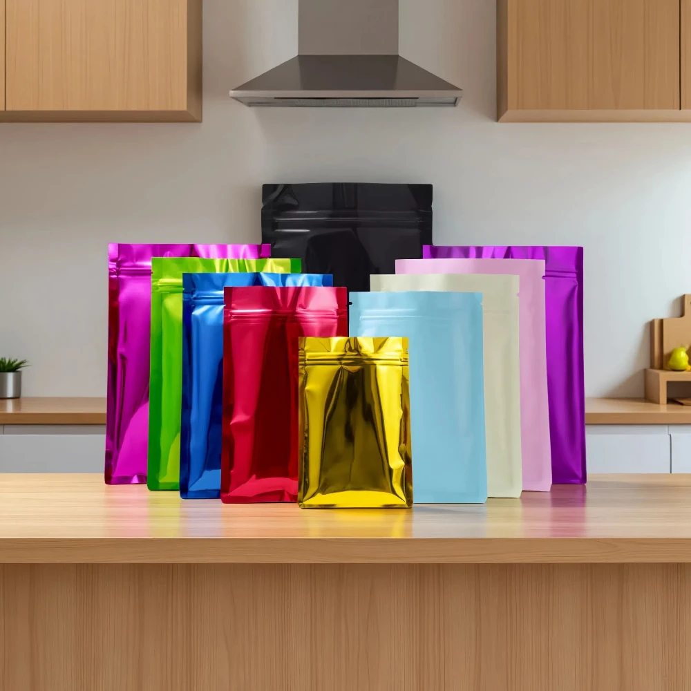 100 Stück wiederverschließbare, flache, glänzende, matte Aluminiumfolien-Aufbewahrungsbeutel mit Reißverschluss, ideal für Kaffee, Gewürze, Samen, Snacks, Süßigkeiten, Tee