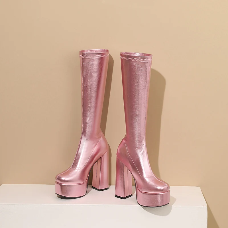 

Arden Furtado 2024 Spring Pink glossy leather Round toe Platform Middle boots Elastic Slip-on Super high heel Modern boots