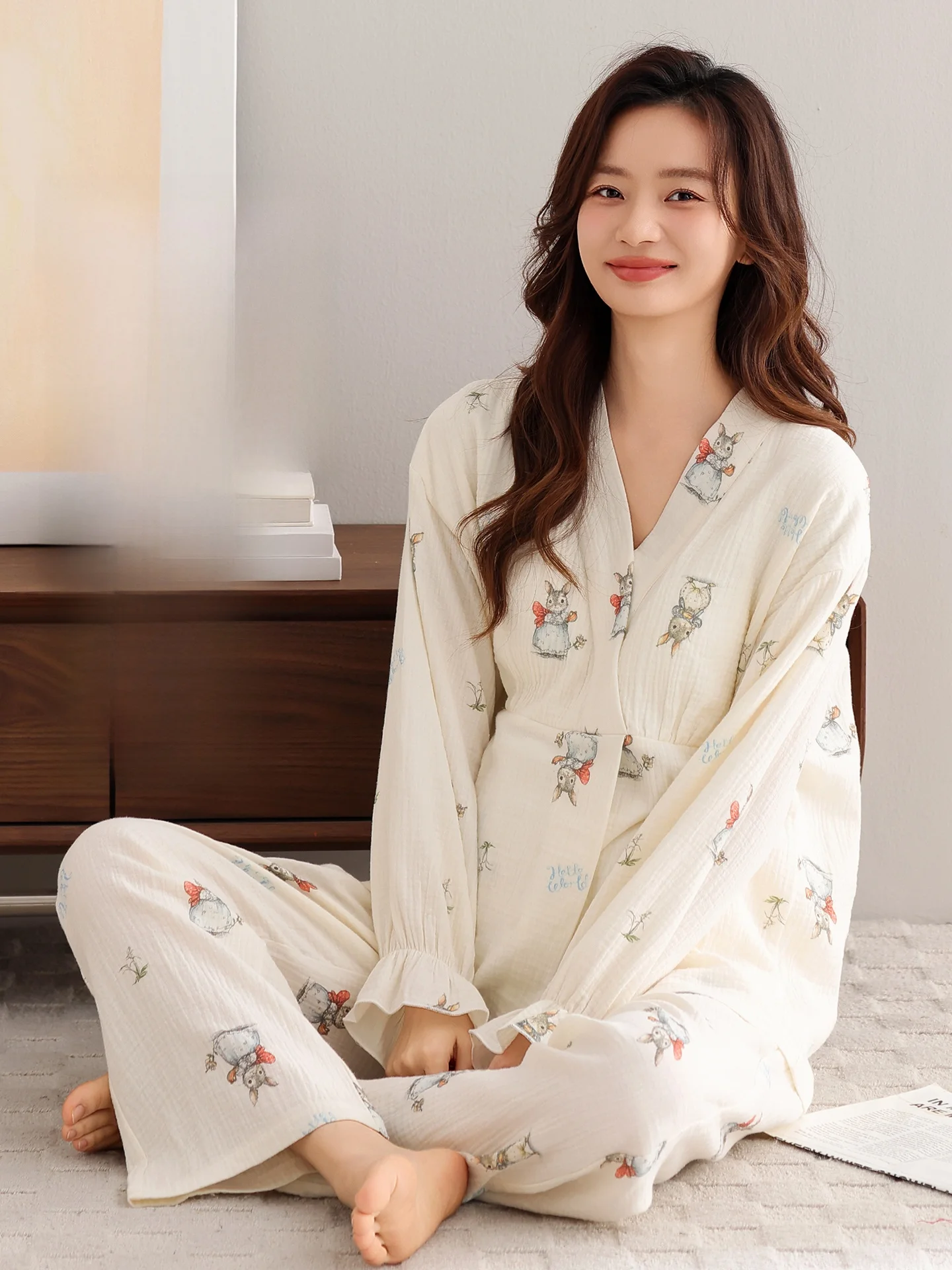 pure-cotton-gauze-maternity-sleepwear-v-neck-open-cardigan-long-sleeve-nursing-home-clothes-set-for-women-spring-autumn